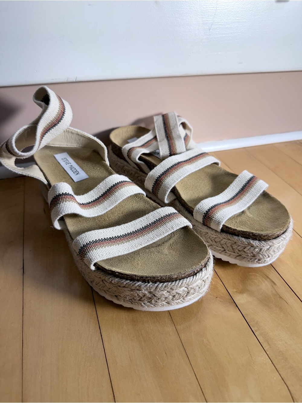 Steve Madden Cream and Brown Striped Espadrille Platform Sandals